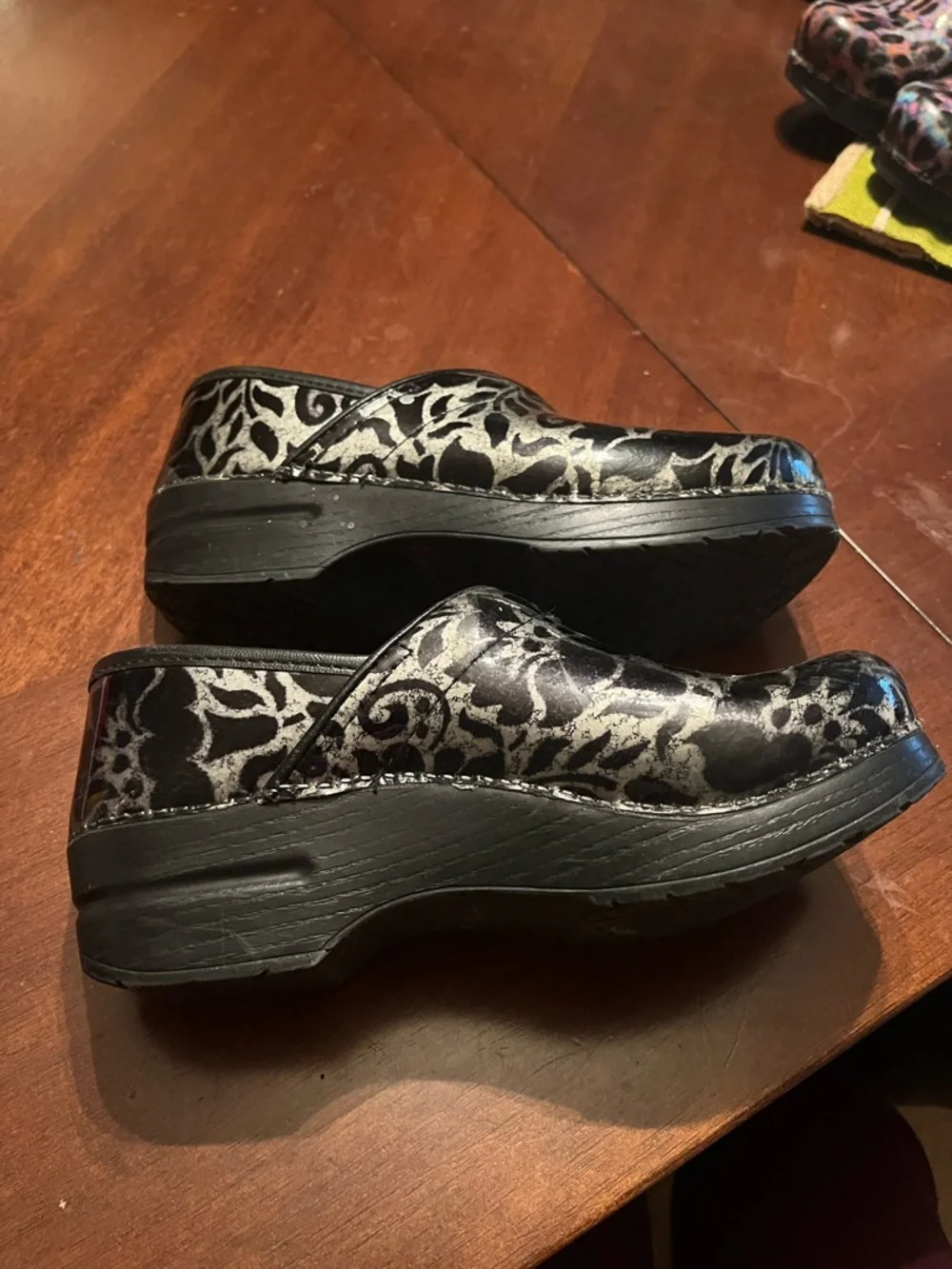 Dansko Black and Silver Floral Patent Clogs with Metallic Accents - Picture 4 of 7